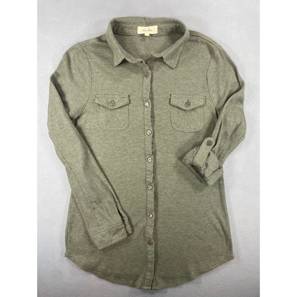 Love Notes Womens Shirt Button Down Olive Green Ribbed Knit S